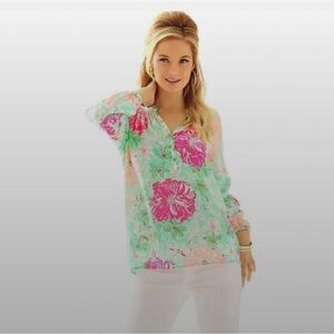 Lilly Pulitzer Elsa Blouse in Poolside Blue Beach Walk Size Small